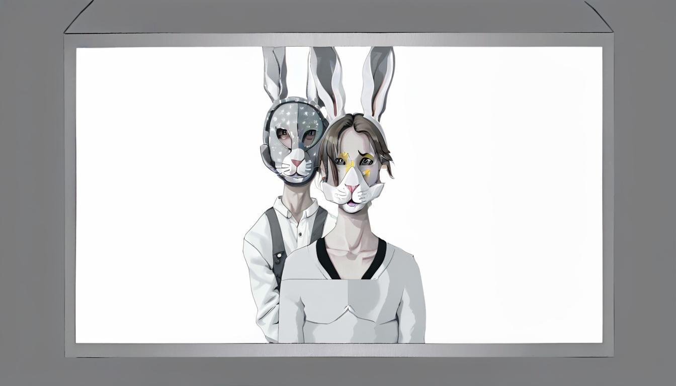  cardboard on the wall man like animals boy and girl with rabbit muzzles grey background in clothes dressed in gray clothes with stars to the eye, film photography style, glowneon, hkmagic