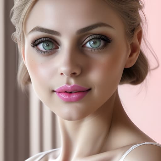  (--Style Photoralism, 16k) arafed woman with a pink lip and a pink manicure, 5 0 0 px models, big eyes, eyes and face, very detailed stunning deep eyes, 2 old female model, nubile body, friendly smile, hot , beautiful feminine face, ! eyes and face!, camisole, aenami alena