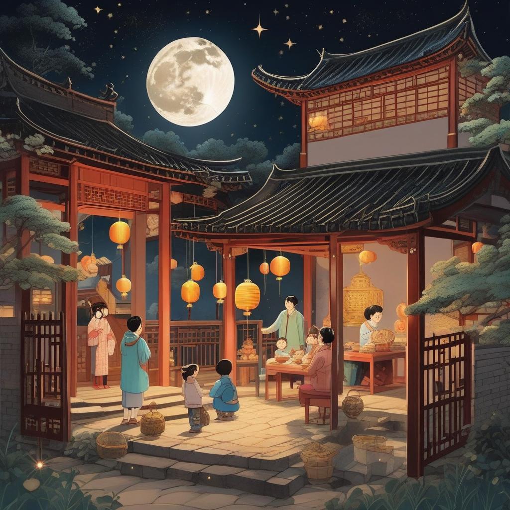  A round moon hung high in the sky, and stars sparkled all over the sky. The whole family sat at the gate of the courtyard, and all kinds of refreshments and moon cakes were placed, enjoying the moon together.