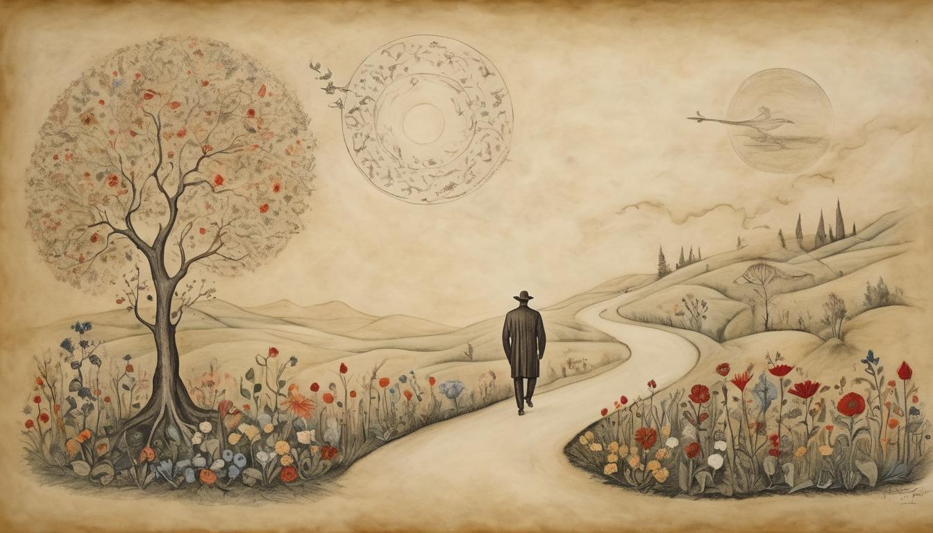  on parchment, surrealism++, man walking on path, once obstructed, now adorned with flowers, celestial light highlighting path, transformation, peaceful journey(mysterious, provocative, symbolic)++