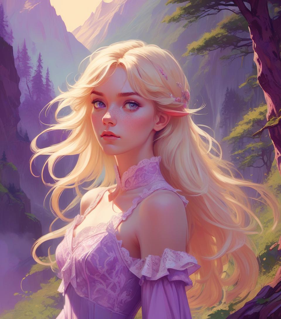  highly detailed fantasy book cover of a pale blonde young maiden looking away, slender, beautiful, freckles, purple pink chaotic magic, intricate gauzy lacy victorian regency gown, bright vibrant detailed expansive backdrop of mountain and forest, elf fae, perfect composition, realistic face, intricate details, frank frazetta, alphonse mucha, character design, dynamic post, action pose, wlop, kuvshinov, unique, 4k, digital painting, vibrant color grading, epic fantasy, dramatic angle, extreme angle shot