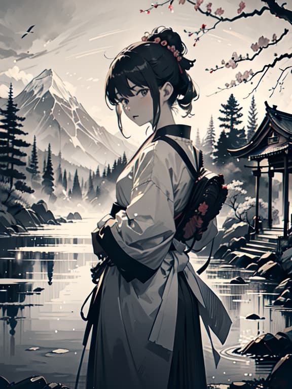  master piece, best quality, ultra detailed, highres, 4k.8k, samurai, engaging in a fierce battle, focused and determined, break samurai's elegant battle, traditional japanese garden, katana, cherry blossoms, lanterns, stone pathway, break serene yet intense, subtle ink wash shading, dynamic lines, white background, scenery, ink, mountains, water, trees