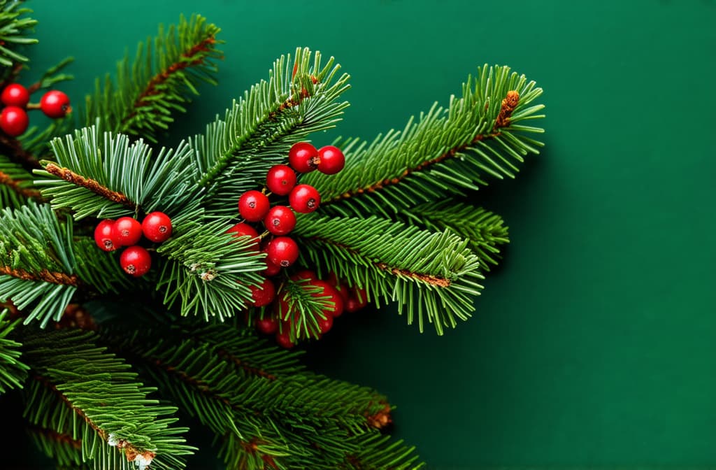  professional detailed photography, christmas decoration with fir branches red berries. green christmas backround ar 3:2, (muted colors, dim colors, soothing tones), (vsco:0.3)