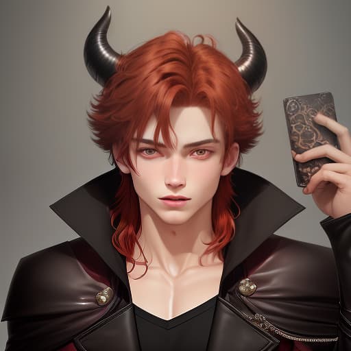  tifling, half demon, half human. he is hot, handsome and beautiful, height 203, 21 years, skin: reddish, hair: black, small horns, scarlet eyes, clothes: leather armor and a sorcerer's cape., cute , furry , expressive , by seth casteel , carli davidson , rachael hale mckenna, kaylee greer, sophie gamand