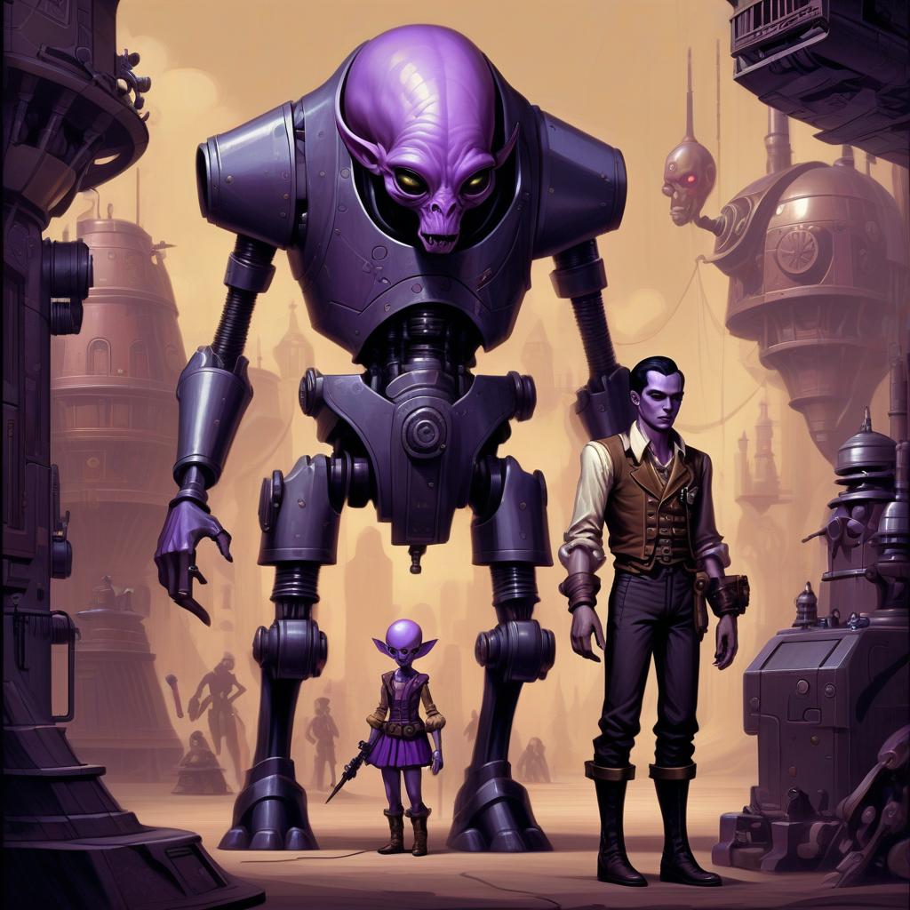  retro game art a group of smugglers, a young with purple skin of an alien appearance, 20 year, small , elegant thin waist, long slender legs, black hair. a man with a , 40 year, small growth, bald, black. next to the droid and minotaur. full length image, steampunk, dieselpunk, paropunk, standing tavern. . 16 bit, vint colors, pixelated, nostalgic, charming, fun