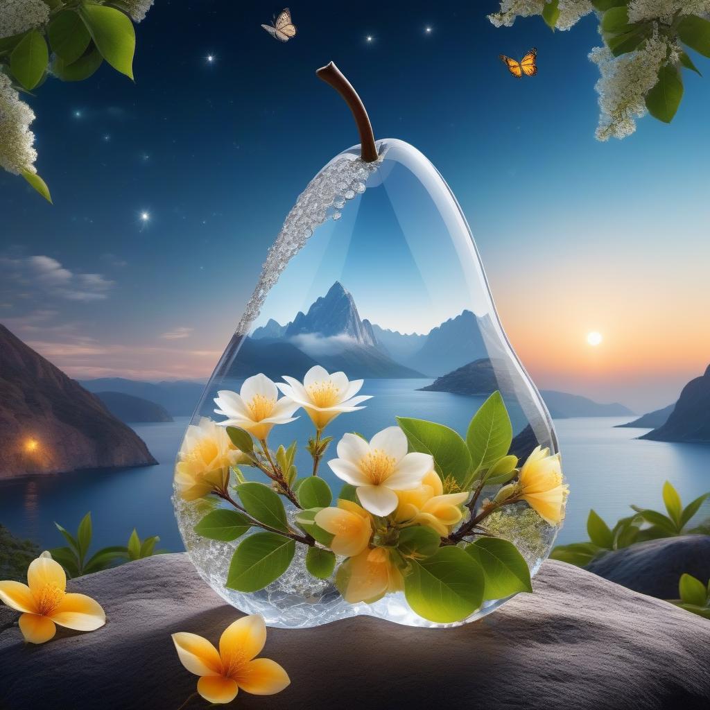  Crystal transparent pear , clear contours of a pear , glowing beautiful flowers inside a pear , pollination on flowers , bright night , sea , yacht , mountains , butterflies , moon , light shining fog , distant future 20000 , very high detail , 30000K quality