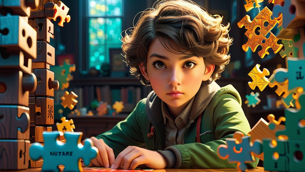  a focused individual surrounded by an array of intricate puzzles, including jigsaw pieces, crossword grids, and brain teasers, with a glowing trophy in the background, embodying mastery and determination in puzzle solving. hyperrealistic, full body, detailed clothing, highly detailed, cinematic lighting, stunningly beautiful, intricate, sharp focus, f/1. 8, 85mm, (centered image composition), (professionally color graded), ((bright soft diffused light)), volumetric fog, trending on instagram, trending on tumblr, HDR 4K, 8K