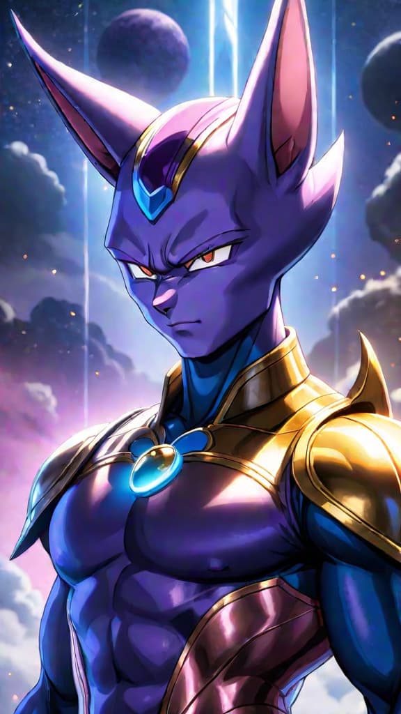  create an anime art showcasing beerus, the god of destruction from dragon ball super, pondering his strength among peers. hyperrealistic, full body, detailed clothing, highly detailed, cinematic lighting, stunningly beautiful, intricate, sharp focus, f/1. 8, 85mm, (centered image composition), (professionally color graded), ((bright soft diffused light)), volumetric fog, trending on instagram, trending on tumblr, HDR 4K, 8K