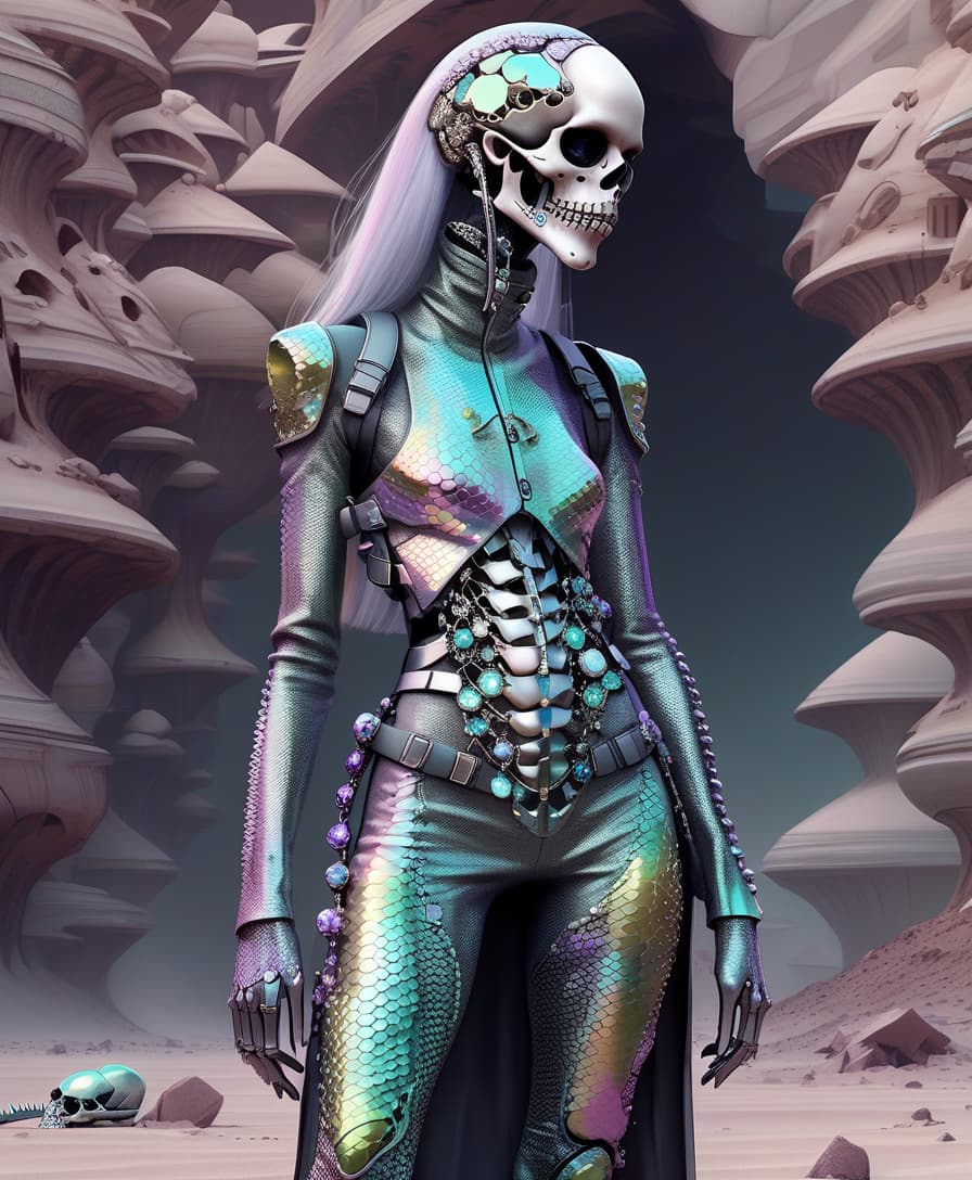  techwear fashion lizard scales. full length girl skull instead of face. chromium and precious stones, pastel tones. desert . futuristic, cyberpunk, urban, tactical, sleek, dark, highly detailed