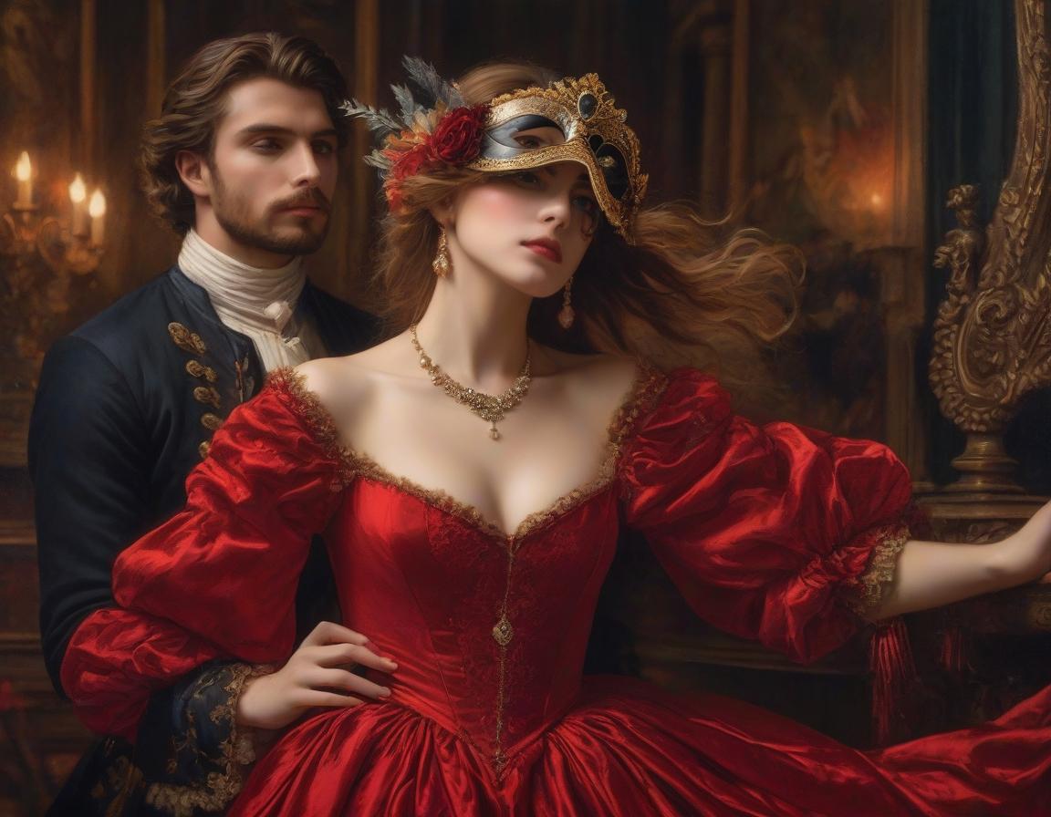  cinematic film still (oil painting: 1.5, masterpiece: 1.7, digital art: 1.4).painting, ((man and woman dancing at a ball, dressed in renaissance style: 1.5),and wearing (venetian masquerade mask: 1.6)) (woman in a red velvet dress with embroidery). style: dark fantasy, surrealism, atmosphere full of secrets, magic and mysticism. in the manner of claude monet, van gogh, sabbas apteros, alfonso mucha, carol buck, andrew jones, yutaka kagai, fragonard. high detail. high quality 16k, hdr . shallow depth of field, vignette, highly detailed, high budget, bokeh, cinemascope, moody, epic, gorgeous, film grain, grainy