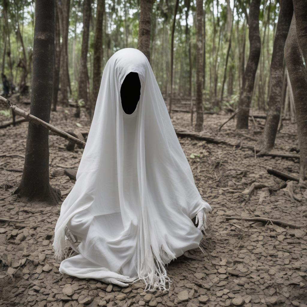  masterpiece, best quality, The pocong is described as a corpse wrapped in a white shroud-cloth used in Islamic burials. The cloth is wrapped around the entire body, from the top of the head to the feet, with several parts tied, namely: Head: Tied at the top of the head with a knot. Neck: The neck is tied to ensure the shroud tightly wraps the body. Feet: The feet are tied tightly, so the pocong is depicted as hopping because its feet cannot move freely. There is no face; what is present is only a pitch-black color on the pocong’s face.