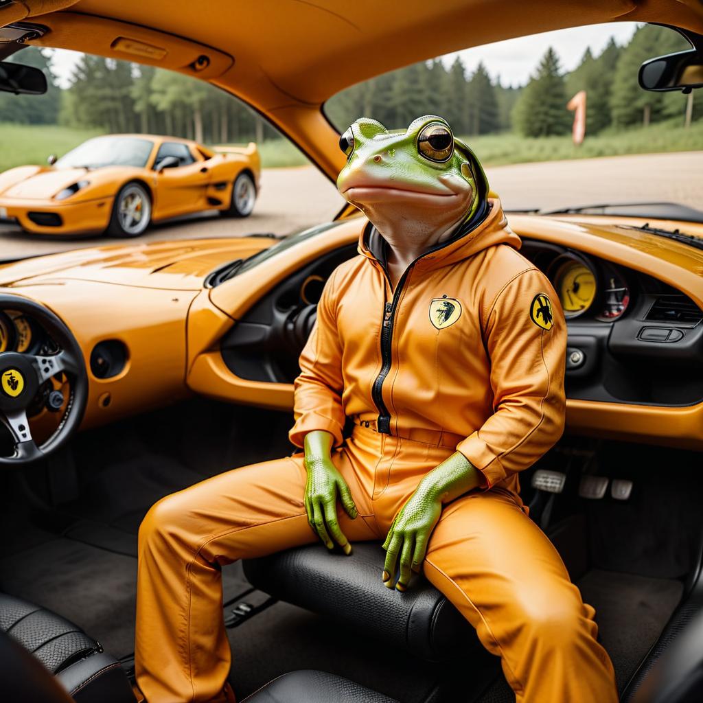  cinematic photo frog sits in the cabin of an orange ferrari gts turbo in a tight yellow jumpsuit . 35mm photograph, film, bokeh, professional, 4k, highly detailed, civitai, on parchment