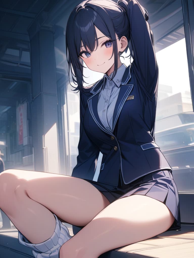  smile girls, uniforms, dark blue blazer, mini , cute, loose socks, thin legs, masterpiece, best quality,8k,ultra detailed,high resolution,an extremely delicate and beautiful,hyper detail