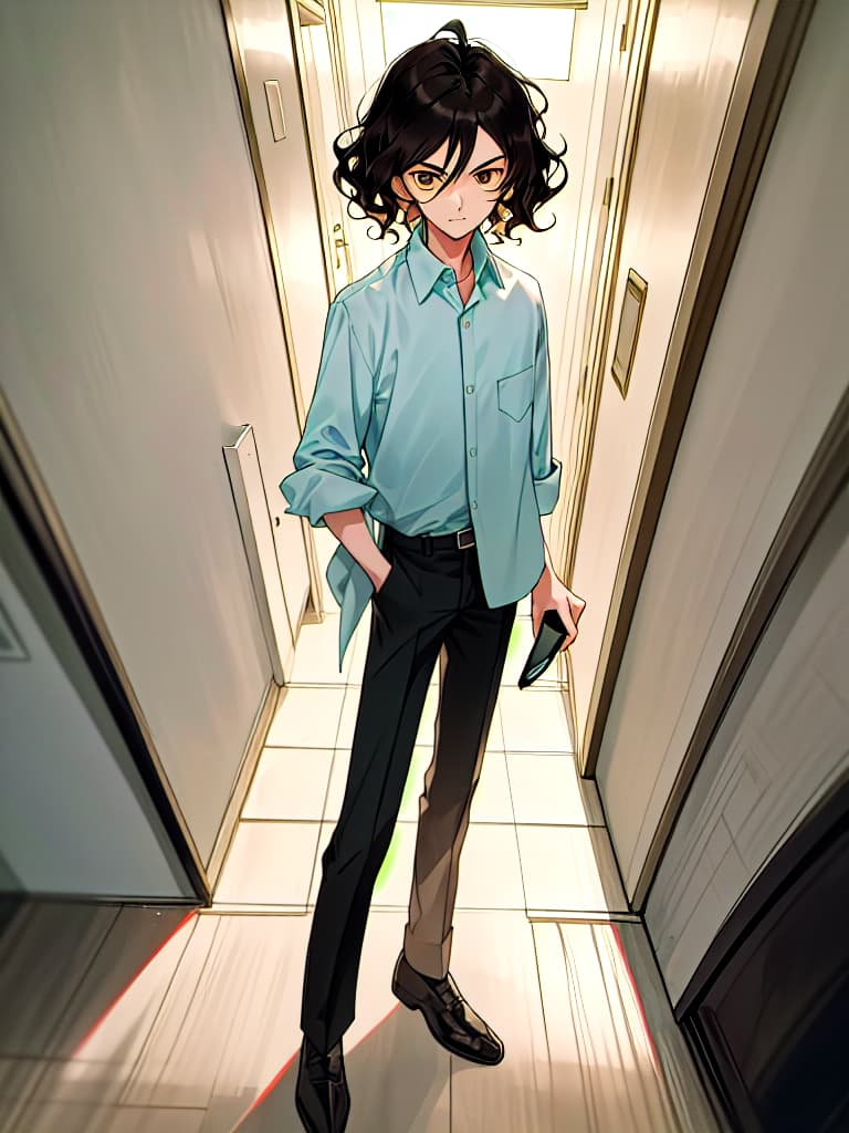  an anime style image of a young man with short,wavy black hair and sharp,expressive brown eyes. he is standing in a well lit modern hallway,holding a smartphone in one hand. he is dressed casually in a light blue button up shirt with rolled up sleeves,featuring a small black pocket with a minimalist design. the young man has a friendly and approachable expression,giving off a relaxed and confident vibe. the background is a clean,professional setting with subtle lighting and modern decor.