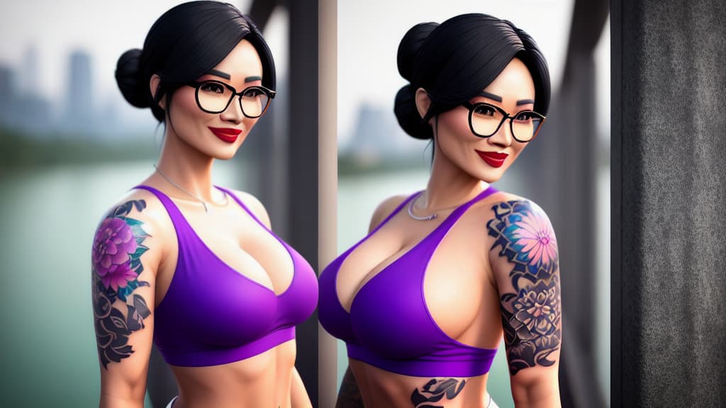  3D render of a Thai woman with tattoos standing on a bridge, smile, breasts, black hair, navel, large breasts, lipstick, outdoors, glasses, purple short shorts, black single hair bun with hairpin, (white tank top), optic glasses, sunset, open fly, (colorful tattoos:1.3) hyperrealistic, full body, detailed clothing, highly detailed, cinematic lighting, stunningly beautiful, intricate, sharp focus, f/1. 8, 85mm, (centered image composition), (professionally color graded), ((bright soft diffused light)), volumetric fog, trending on instagram, trending on tumblr, HDR 4K, 8K