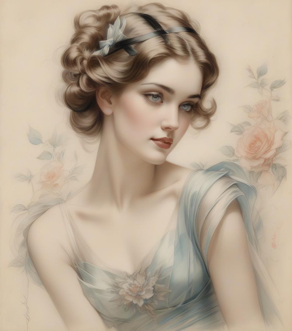  portrait of a beautiful woman, harrison fisher, colored pencil art, black pencil on antique paper, intricate detail.