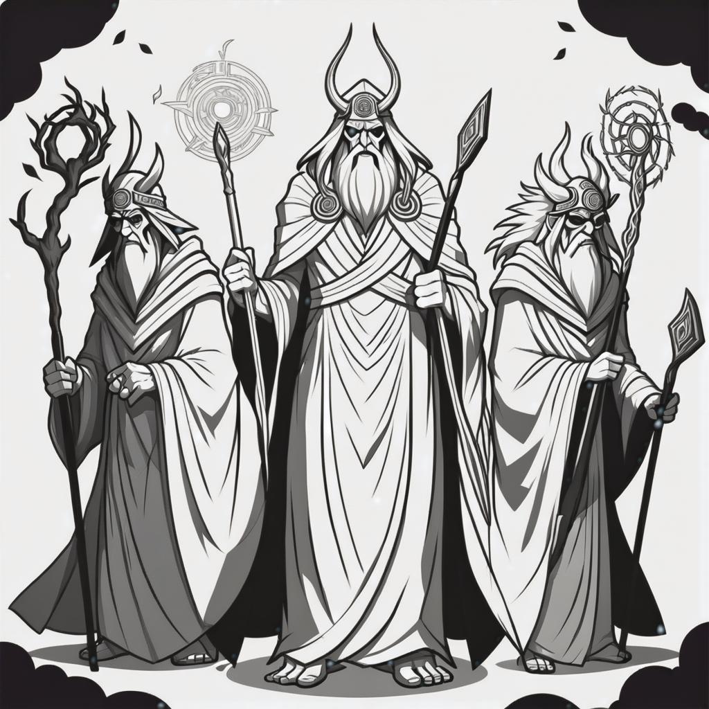  line art drawing three old druids, same nightmare. anime style . professional, sleek, modern, minimalist, graphic, line art, vector graphics