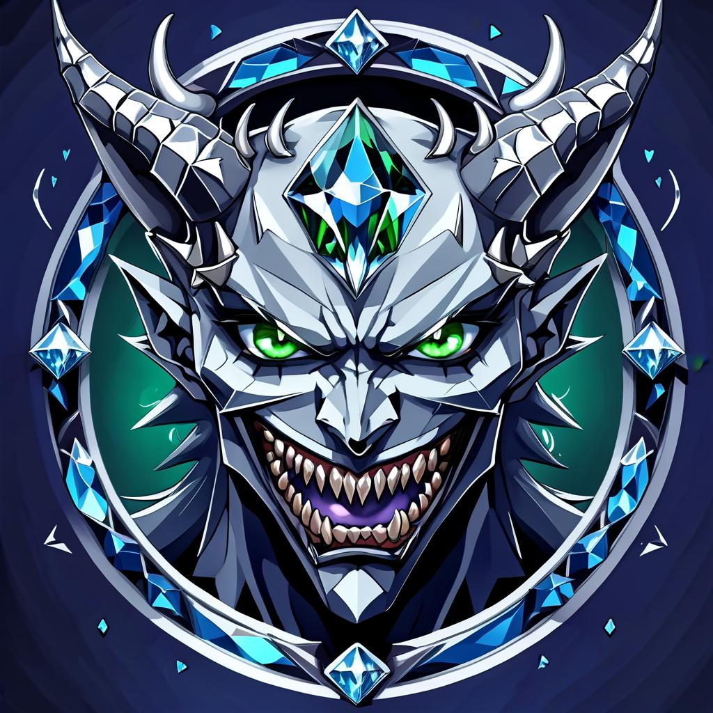  anime artwork diamond devil, portrait. dark green eyes, man. kind. hair gray. with fangs and horns. colors blue, blue, silver . anime style, key visual, vibrant, studio anime, highly detailed