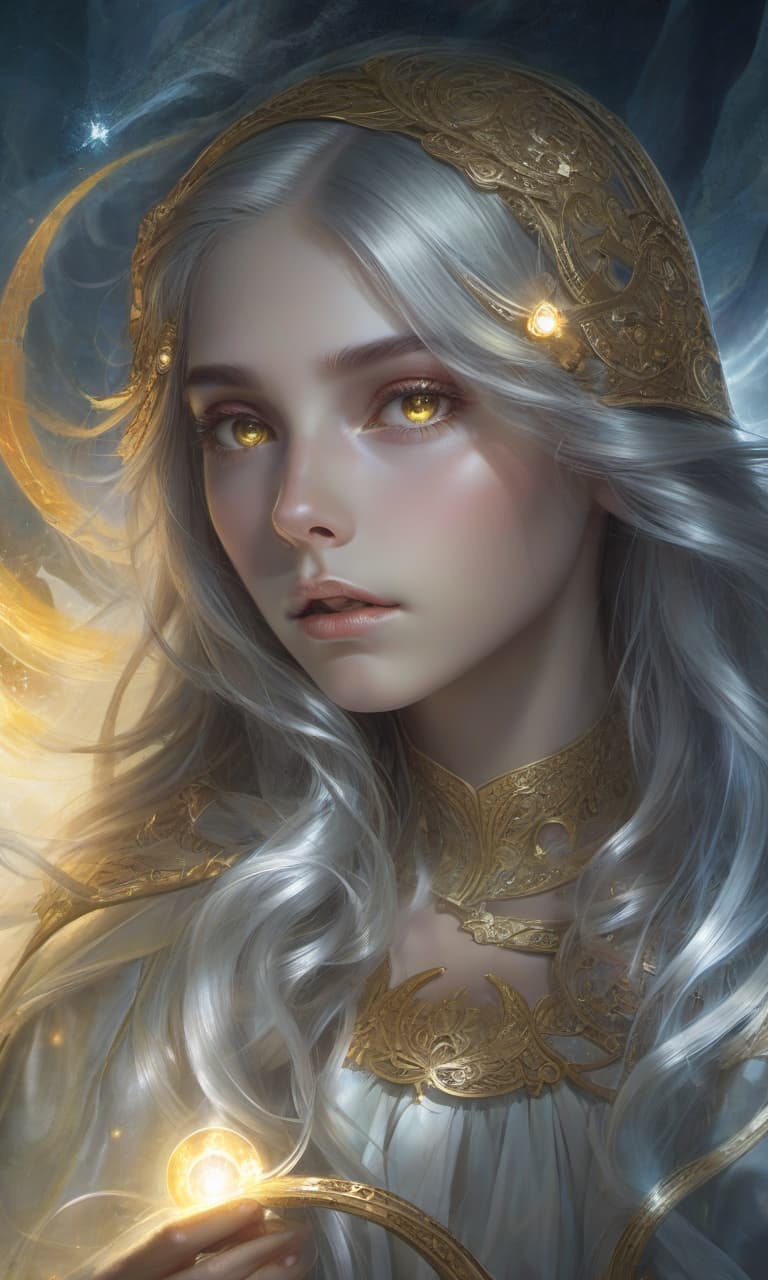  ethereal fantasy concept art of the merchant girl has silver eyes that shine with a bright, magical light, as if energy was burning inside them. the eyes radiate a mystical glow, emphasizing their depth and mystery . magnificent, celestial, ethereal, painterly, epic, majestic, magical, fantasy art, cover art, dreamy, hkmagic