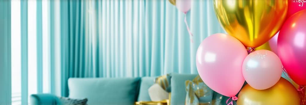  cinematic film style, beautiful birthday background with pink and golden balloons ar 3:1, shallow depth of field, vignette, maximum details, high budget hollywood movie, bokeh, cinemascope, moody, epic, gorgeous, sun rays and shadows on furniture and surfaces, flattering light, raw photo, photography, photorealistic, 8k resolution, f1.4, sharpened focus, sharp focus