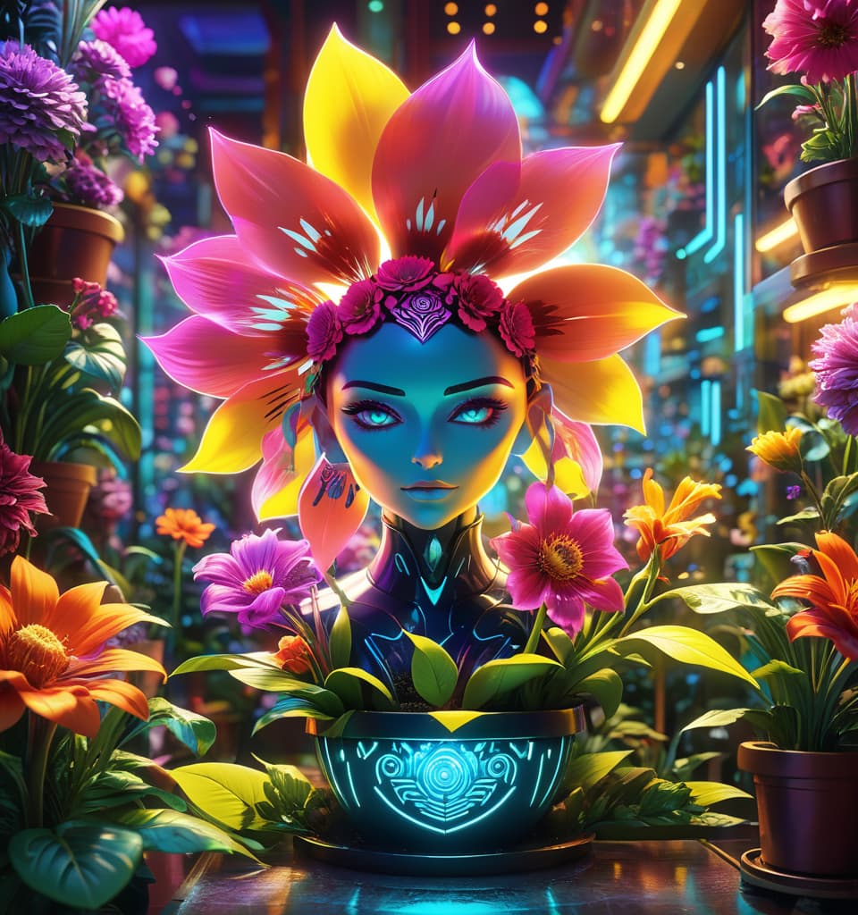  art deco style a bizarre and magical illustration (of a flower with a humanoid face:1.4), growing in a flower pot surrounded by bright flowers and plants in the flower shop of the lady, concept art by tadahiro uesugi, complex details, fantasy elements, soft lighting. . geometric shapes, bold colors, luxurious, elegant, decorative, symmetrical, ornate, detailed, hkmagic, glowneon