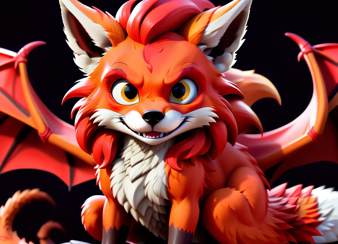  anime artwork animal, mythical animal, fox head, mane, scales on the stomach, long tail, dragon scales, red fur, dragon wings . anime style, key visual, vibrant, studio anime, highly detailed, sticker