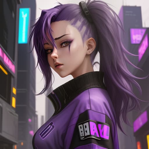  anime is beautiful with purple hair and black gles in a close up jersey, against the background of a cyberpunk city