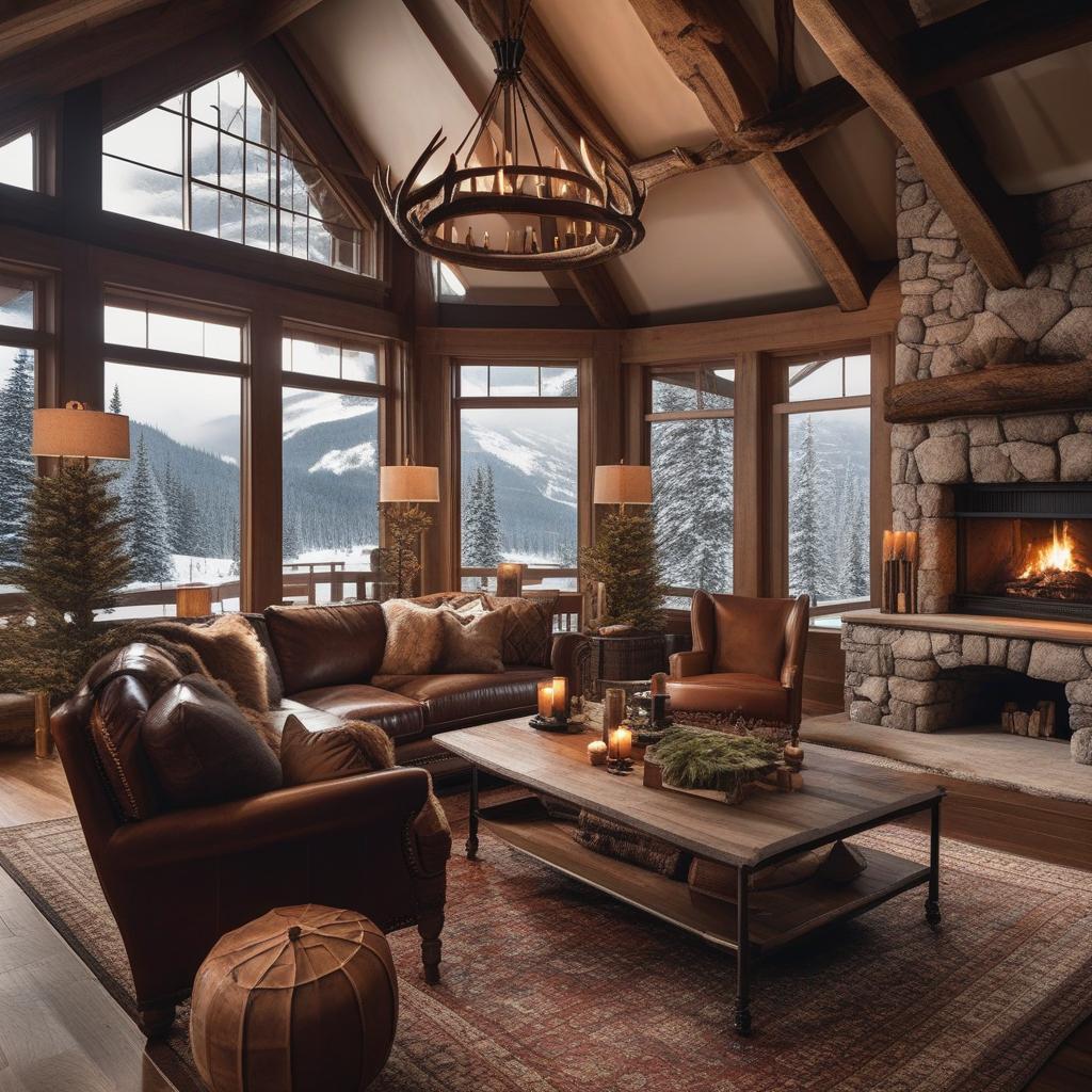  create a detailed image of a cozy, rustic living room in a mountain cabin. the room features a large stone fireplace with a roaring fire, wooden beams on the ceiling, and large windows overlooking a snowy landscape. the furniture includes a comfortable leather sofa with plaid blankets, a wooden coffee table with a few books and a steaming mug of hot cocoa, and a soft rug on the floor. the lighting is warm and inviting, with a few candles and a chandelier made of antlers. hyperrealistic, full body, detailed clothing, highly detailed, cinematic lighting, stunningly beautiful, intricate, sharp focus, f/1. 8, 85mm, (centered image composition), (professionally color graded), ((bright soft diffused light)), volumetric fog, trending on instagram, trending on tumblr, HDR 4K, 8K