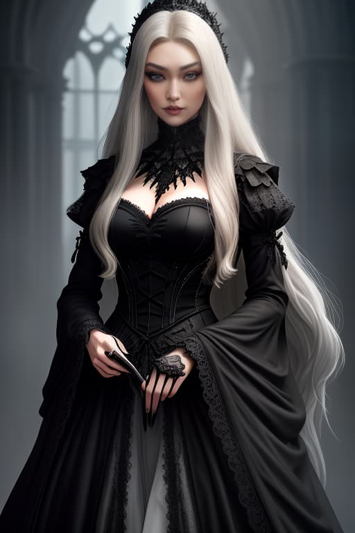  dark castle, gigi hadid with white long hair and green eyes, in a black soft dress, in the center, in a gothic style hyperrealistic, full body, detailed clothing, highly detailed, cinematic lighting, stunningly beautiful, intricate, sharp focus, f/1. 8, 85mm, (centered image composition), (professionally color graded), ((bright soft diffused light)), volumetric fog, trending on instagram, trending on tumblr, HDR 4K, 8K