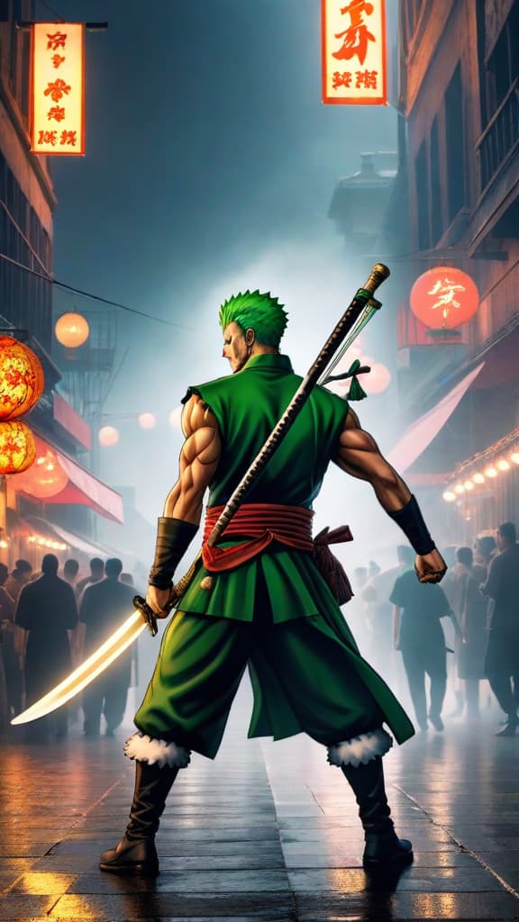  anime art: zoro's ashura faces off against a yonko, showcasing raw power but requiring more than strength to win. hyperrealistic, full body, detailed clothing, highly detailed, cinematic lighting, stunningly beautiful, intricate, sharp focus, f/1. 8, 85mm, (centered image composition), (professionally color graded), ((bright soft diffused light)), volumetric fog, trending on instagram, trending on tumblr, HDR 4K, 8K