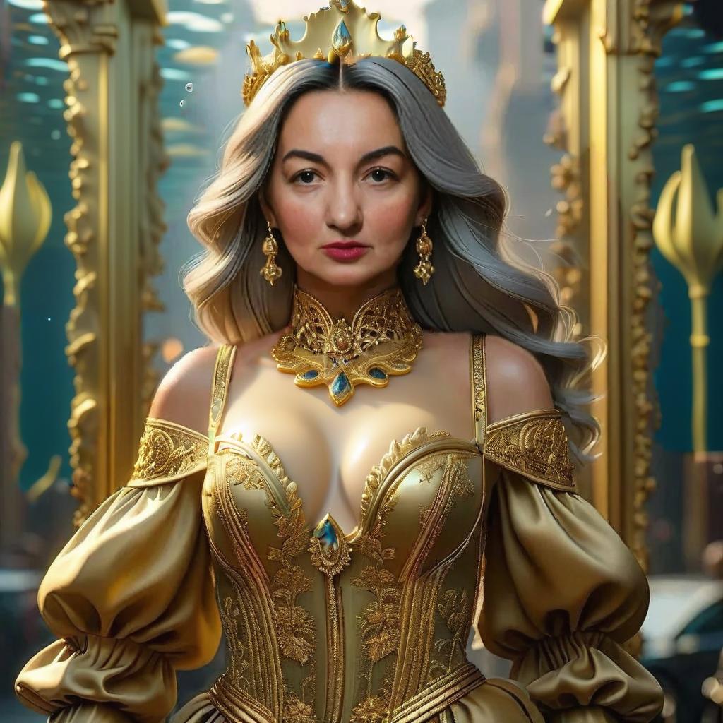  sea queen in gold, underwater kingdom in the background, civitai