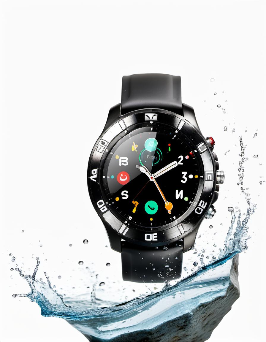  smart watch on a stone on a white background, around a splash of water, film photography style