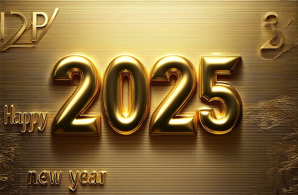  professional detailed photography, happy new year 2025 poster on golden background ar 3:2, (muted colors, dim colors, soothing tones), (vsco:0.3)