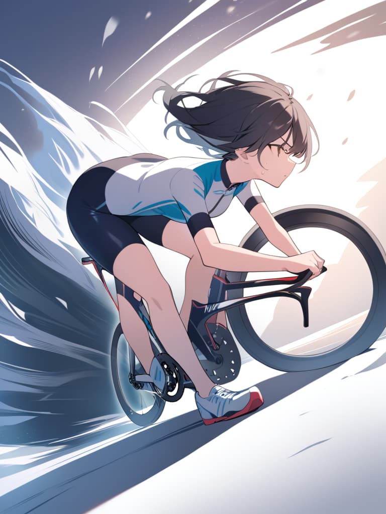  "the scene where a black haired girl is rowing on a road bike with all his might. the girl has a serious expression, stepping on the pedal in a forward leaning posture as if it were the wind. the background emphasizes speed. the dynamism is transmitted, and the sweat is floating on the forehead. a scene where you can feel the dynamism and urgency.