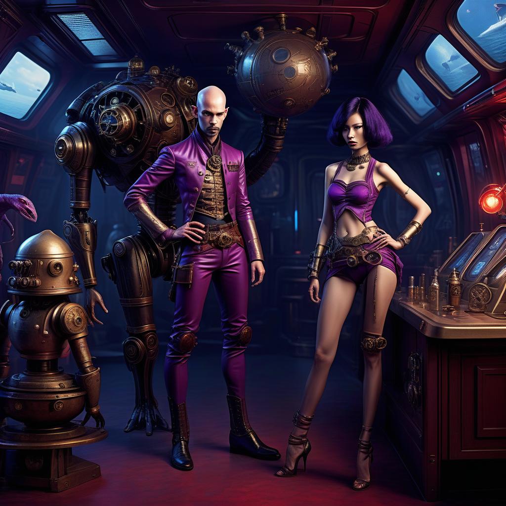  nautical themed a group of smugglers, a young alien of thai appearance, 20 year, with purple skin, small , elegant thin waist, long slender legs, black hair. a man with a , 40 year, small growth, bald, black. next to the droid and minotaur. full length image, steampunk, dieselpunk, paropunk, standing in a space tavern, against a background of red light. . sea, ocean, ships, maritime, beach, marine life, highly detailed