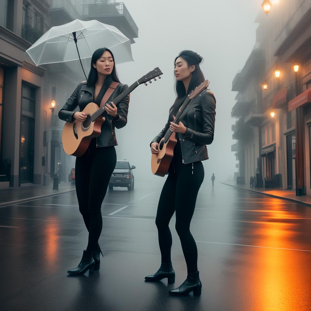  Man playing guitar while woman dances in rain, (high detailed skin:1.2), 8k uhd, dslr, soft lighting, high quality, film grain, Fujifilm XT3 hyperrealistic, full body, detailed clothing, highly detailed, cinematic lighting, stunningly beautiful, intricate, sharp focus, f/1. 8, 85mm, (centered image composition), (professionally color graded), ((bright soft diffused light)), volumetric fog, trending on instagram, trending on tumblr, HDR 4K, 8K