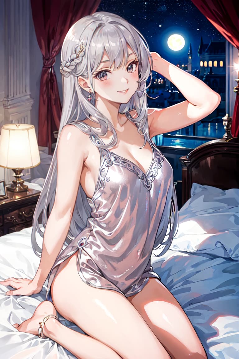  master piece , best quality,beautiful girl, silver hair, on bed, bedroom, moonlight, slender, smiling, pajamas, hands behind head