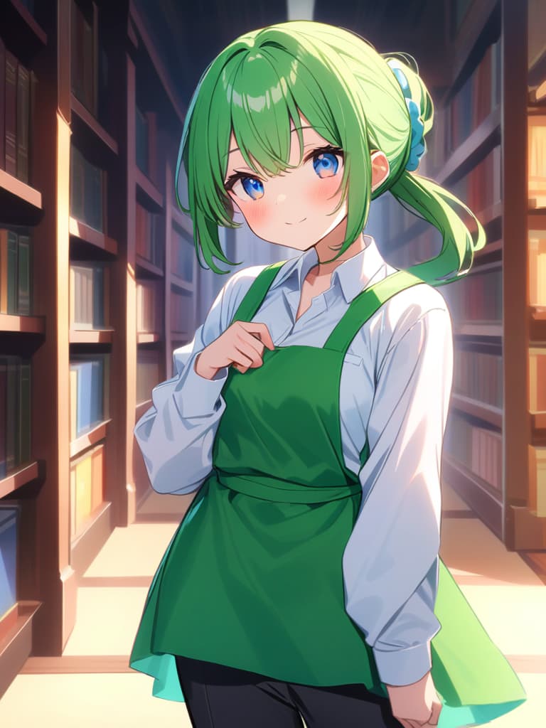  (hd:1.3),(4k 8k:1.5)apron,black pants,clothing,collared shirt,green apron,hair accessory,long sleeves,pants,polka dot pattern,long ponytail,scrunchie,shirt,tied hair,white shirt,blue eyes,green hair,(very smile:1.3),(blush:1.2),(inside a library filled with books) woman,long hair,standing