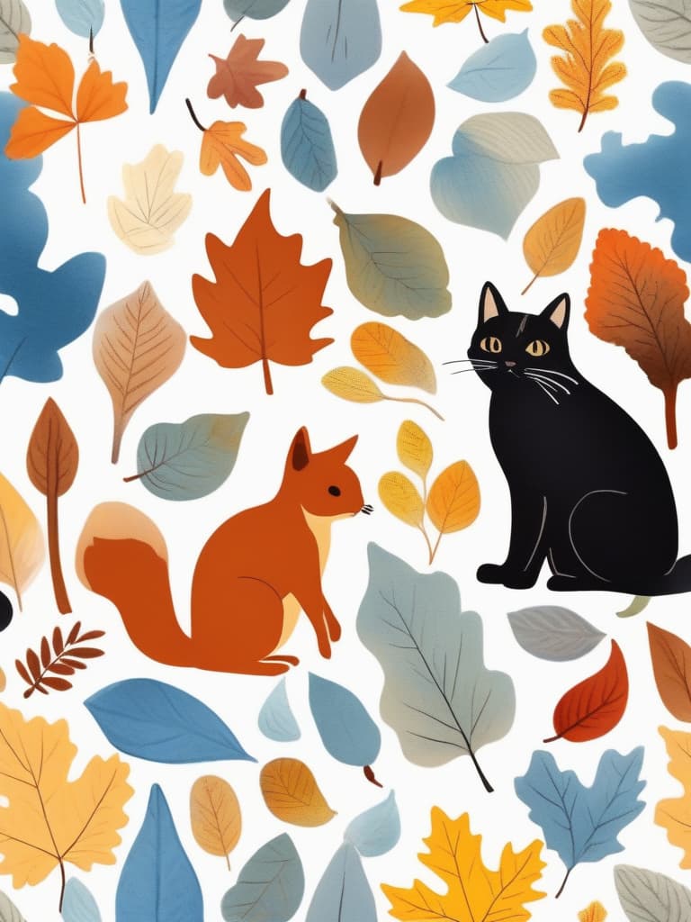  best of the best,flat color,stamp painting,autumn leaves,🍁,gingko leaves,chestnut,white chestnut squirrel,🐿,black cat,🐈‍⬛,pastel blue background,