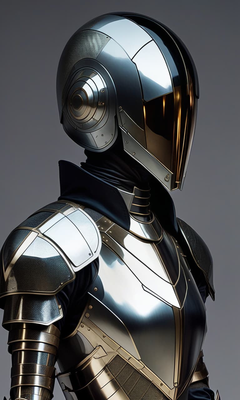  faceless androgynous droid. dressed in high tech but medieval style perfectly tailored mirrorscale armor and sleek high tech full face helmet with mirrored visor, all weak and moving points of the armor are covered with mirrored scale mail