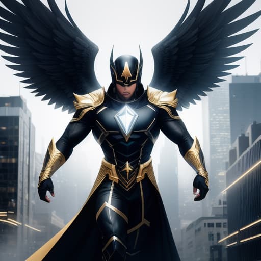  A holy superhero dressed Black , White and Golden colors, flying through the city watching for trouble, ready his ice powers to freeze the villains of the town , he has angel wings and powers with a holy sword fighting villains, , High quality, High resolution, highly detailed, cinematic lighting, intricate, sharp focus, (centered image composition), (professionally color graded), ((bright soft diffused light)), volumetric fog, trending on instagram, HDR 4K, 8K