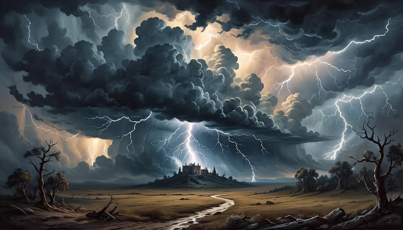  on parchment, surrealism+++, thunderous sky filled with bolts of lightning striking, intense illumination, dark clouds rolling, sudden enlightenment, dramatic tension, reckoning moment, explosive realization.(mysterious, provocative, symbolic,muted color)+++