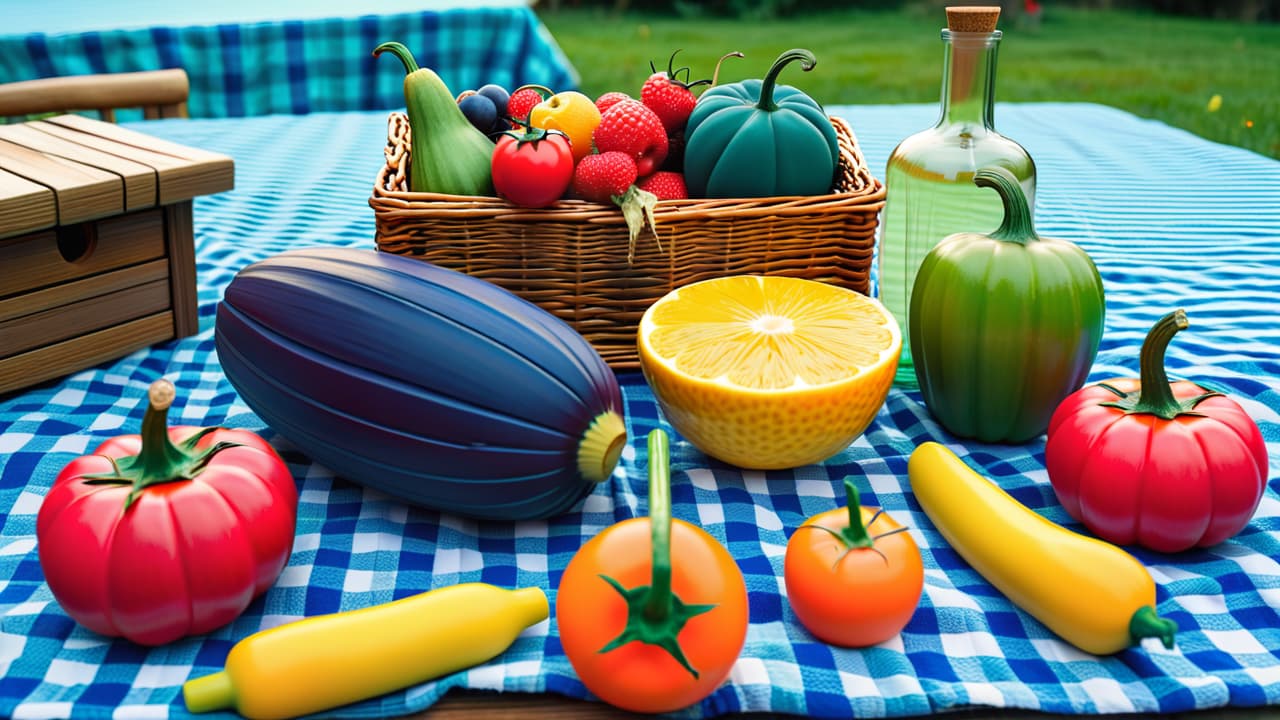  a vibrant picnic scene with a bamboo picnic set, colorful organic fruits, and vegetables on a checkered cloth, surrounded by eco friendly wooden toys like animals and building blocks, under a sunny blue sky. hyperrealistic, full body, detailed clothing, highly detailed, cinematic lighting, stunningly beautiful, intricate, sharp focus, f/1. 8, 85mm, (centered image composition), (professionally color graded), ((bright soft diffused light)), volumetric fog, trending on instagram, trending on tumblr, HDR 4K, 8K