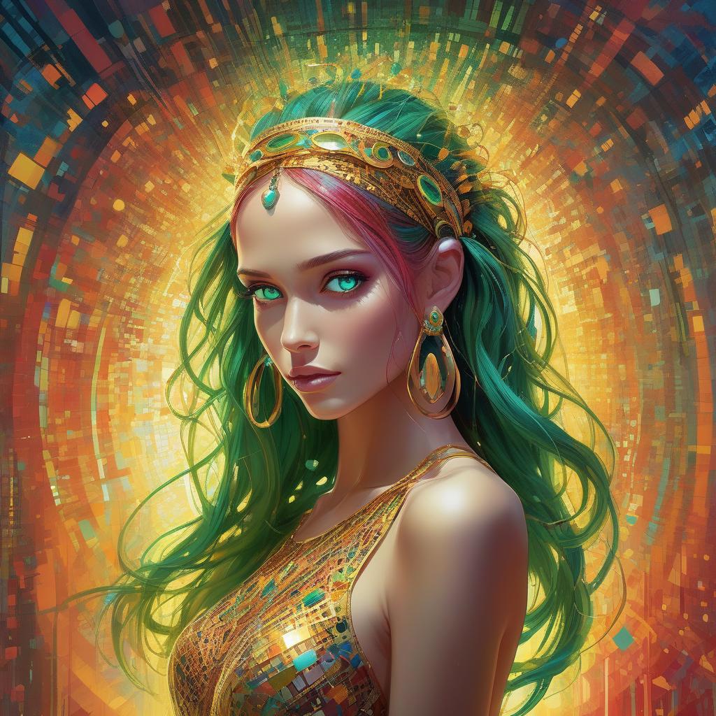  concept art a woman with vibrant multicolored hair and a bejeweled headband, with striking green eyes and gold earrings. high quality, 8k ultra hd, imagine a vibrant canvas illuminated by a cascade of colorful binary code, forming the silhouette of a captivating brown wavy flowy hair woman, the dynamic lines and patterns, reminiscent of a digital dance, weave together to create a harmonious fusion of technology and art, the binary code, in hues ranging from electric blues to radiant reds and vivid greens, breathes life into the woman's form, her silhouette emerges as a synthesis of the digital and the organic, a testament to the seamless integration of technology and beauty in your masterful creation, high detailed, she is standing infront