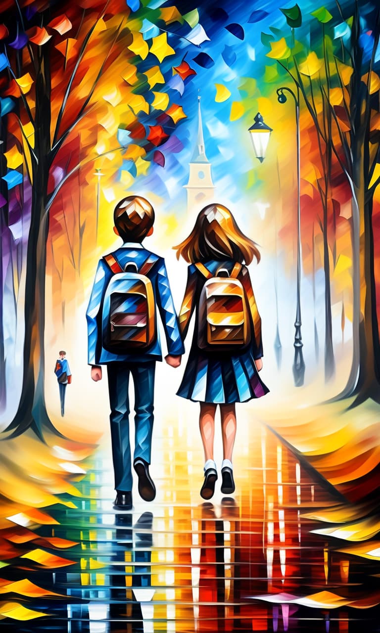  (style of leonid afremov:1.5), boy and girl schoolchildren walking through autumn park with school bags, holding hands, epic realism, anime features, dark fantasy, abstract horror, desaturated color palette, gothic and renaissance aesthetic, (happy smiles:1.4), in school uniform, blue eyes