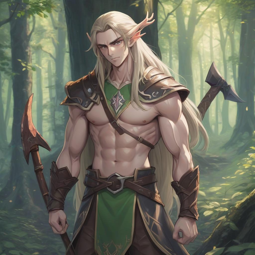  anime artwork anime style; tall elf; male; full height; long hair; visible muscles; axe on the shoulder; in the forest . anime style, key visual, vibrant, studio anime, highly detailed