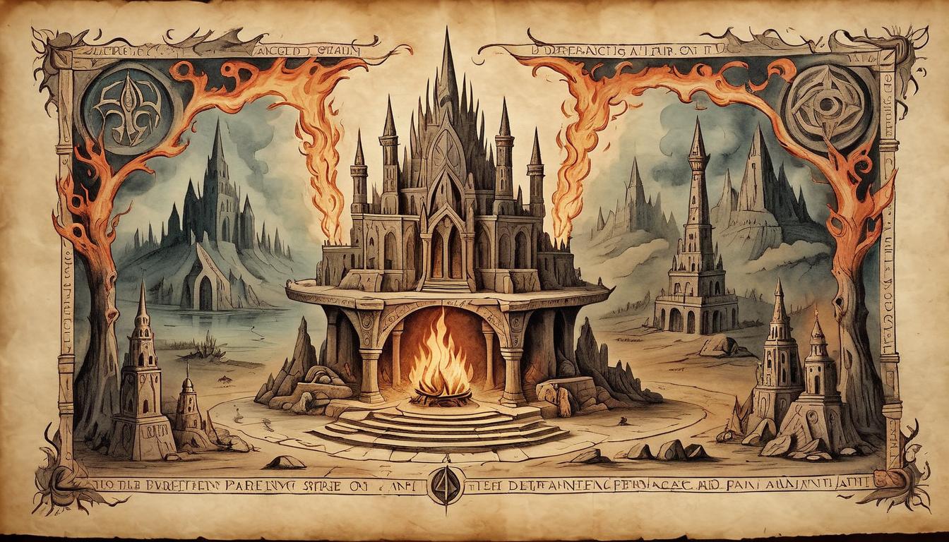  on parchment, surrealism+++, sacred altar, ancient symbols carved, engulfed in flames, representing defiance against sacred order, destructive and intense(mysterious, provocative, symbolic,muted color)+++