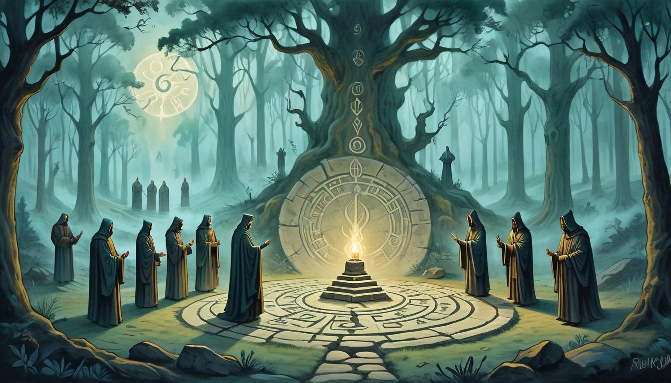  on parchment, surrealism+++, a circle of robed figures around a mystical stone altar, glowing runes carved into the ground, serene and focused expressions, background of ancient forest, unity, mysticism(mysterious, provocative, symbolic,muted color)+++