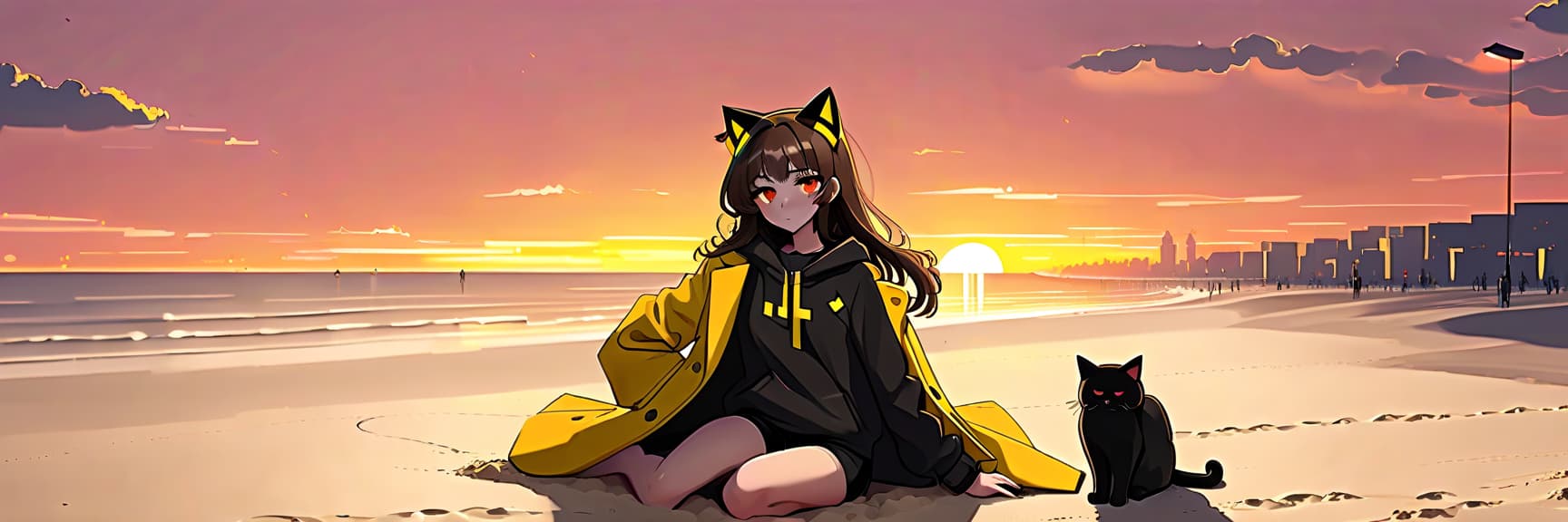  architectural style an anime girl with cat ears sits on the sand on the beach. she has long dark brown hair, which flies slightly in the breeze. her face, with pronounced jewish and slavic features, radiates lively energy. brown eyes are full of deep emotions, as if reflecting the vast expanses of the ocean. she wears a bright yellow coat, which seems to shine, catching the eye and contrasting with the soft shades of the sunset. under her coat she wears a black shirt and black shorts are decorated with yellow elements, creating a stylish and dynamic look. a bright red sunset turns into night, and the bright red rays of the sun fall on the terrain and contrast with the night darkness. . clean lines, geometric shapes, minimalist, modern, arch