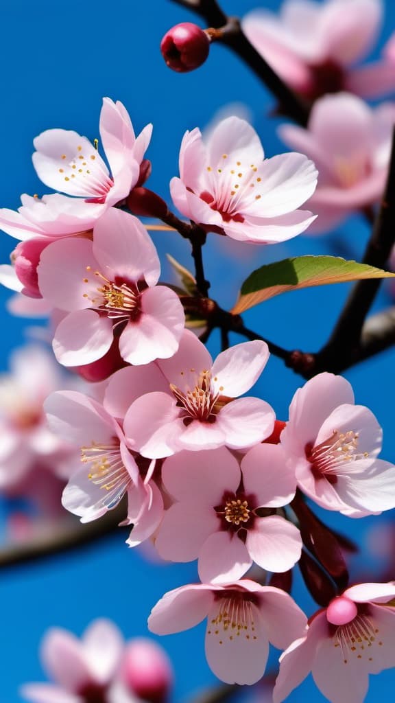  a close up shot of a blooming cherry blossom tree, with delicate pink petals set against a clear blue sky.